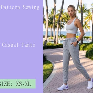 May include: A PDF sewing pattern for knit casual pants, featuring text that reads PDF Pattern Sewing, Knit Casual Pants, and SIZE: XS-XL. The image displays a light gray pair of knit pants with a drawstring waist and white athletic sneakers.