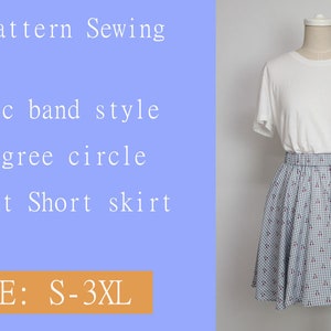 Op de afbeelding: PDF-patroon voor het naaien van een korte, 270 graden cirkelrok met een elastische band. De rok is getoond in een blauw-wit geruit patroon met kleine rode accenten. Het patroon is verkrijgbaar in de maten S-3XL.