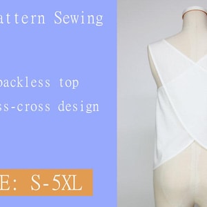 以下が含まれることがあります： 背中がクロスデザインのクロップドタンクトップのPDF縫製パターン。サイズはS-5XLです。