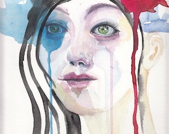 Watercolor Portrait painting - Study in Red and Blue, Floral, Eyes, Expressionist, Original Artwork, Modern   Figurative, Unique, abstract