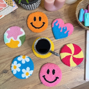 Punch Needle Mug Rug | Housewarming Gift | Y2K Punch Needle Mug Rugs | Handmade Coasters | Tufted Coffee Coasters | Trendy Cute Accessories