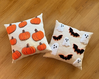 Halloween Pillow Cover 16x16 | Punch Needle Cushion | Pumpkin Ghost Spooky Pillow | Handmade Tufted Throw Pillow | Halloween Home Decor