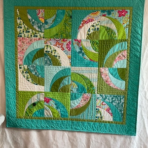 Blue Onion Aqua and Green Modern quilt, Art Wall Hanging Quilt