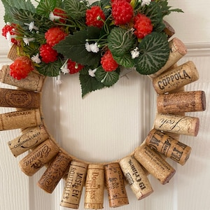 Wine cork wreath with red rasberries