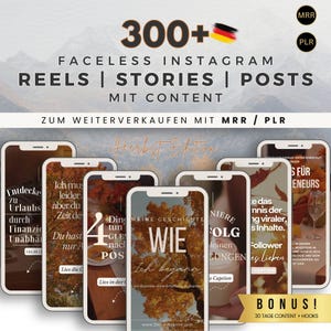 Op de afbeelding: Een promotionele afbeelding voor Instagram-content, met verschillende smartphone-mockups die herfstthema-berichten weergeven. De afbeelding bevat tekst in het Duits, die faceless Instagram Reels, Stories en Posts met content voor wederverkoop promoot, met een bonusaanbieding.