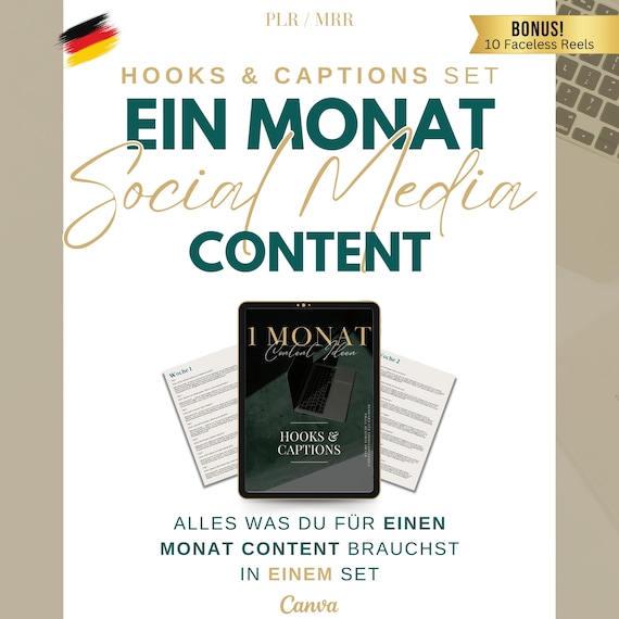 1 Monat Social Media Content Deutsch, Done for you, Instagram Account, Passives Einkommen, Reels, Caption, digitales Marketing, PLR/MRR