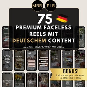 Könnte beinhalten: Ein digitales Produktangebot für 75 Premium-Faceless-Reels mit deutschem Inhalt. Das Bild zeigt eine Collage aus 16 verschiedenen Reels mit Titeln wie "5 Schritte", "Social Media Strategie", "Wähle deine Nische" und "3 Gründe, warum ich Kaffee liebe". Das Angebot beinhaltet außerdem einen Bonus von einem Monat vorgefertigtem Content mit Hooks.