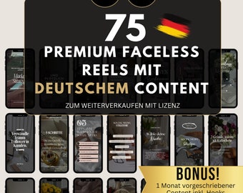 75 Reels German, Faceless Instagram, Templates, DFY Content, Digital Marketing with Master Resell Rights, MRR / PLR, Canva, Resale