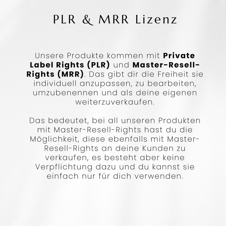 May include: Text on a white background explaining the difference between Private Label Rights (PLR) and Master Resell Rights (MRR).