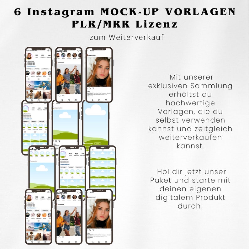 Puede incluir: Seis plantillas de maqueta de Instagram para marketing en redes sociales. Las plantillas presentan diferentes dise&ntilde;os y dise&ntilde;os, que incluyen un collage de fotos, una imagen de paisaje y una imagen de perfil. El texto "6 Instagram MOCK-UP VORLAGEN PLR/MRR Lizenz zum Weiterverkauf" es visible en la parte superior de la imagen.