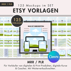 Könnte beinhalten: Ein Set mit 125 Etsy-Shop-Mockups für digitale und gedruckte Produkte, digitale Kurse und Coaches. Die Mockups zeigen eine Vielzahl von Geräten, darunter einen Desktop-Computer, ein Tablet und ein Smartphone. Die Mockups sollen Verkäufern helfen, ihre Produkte professionell und ansprechend zu präsentieren. Der Text "WAS IST INBEGRIFFEN" ist im Bild sichtbar.