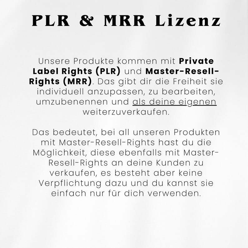 Puede incluir: Texto sobre un fondo blanco que explica los t&eacute;rminos Private Label Rights (PLR) y Master Resell Rights (MRR). El texto explica que estos derechos te permiten personalizar, editar y revender los productos.