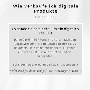 May include: White background with text in German: "Wie verkaufe ich digitale Produkte" (How do I sell digital products) and "F&Uuml;R BEGINNER" (For Beginners). A white box contains more text about digital products, PDF downloads, and printing at home.