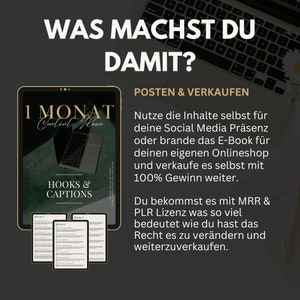 May include: A digital product mockup with the text "1 Monat Content Ideen" and "Hooks & Captions". The product is a digital download that includes one month of content ideas and hooks and captions for social media.