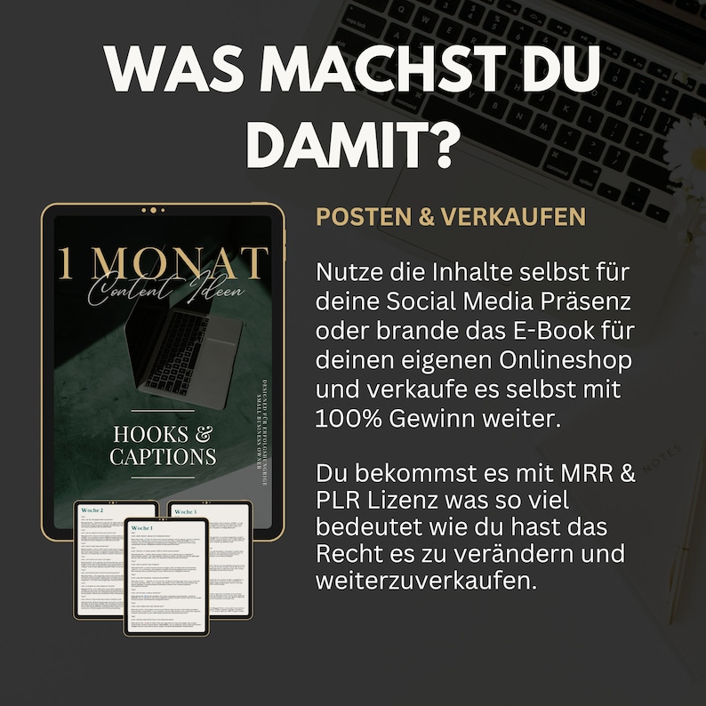 May include: A digital product mockup with the text "1 Monat Content Ideen" and "Hooks & Captions". The product is a digital download that includes one month of content ideas and hooks and captions for social media.