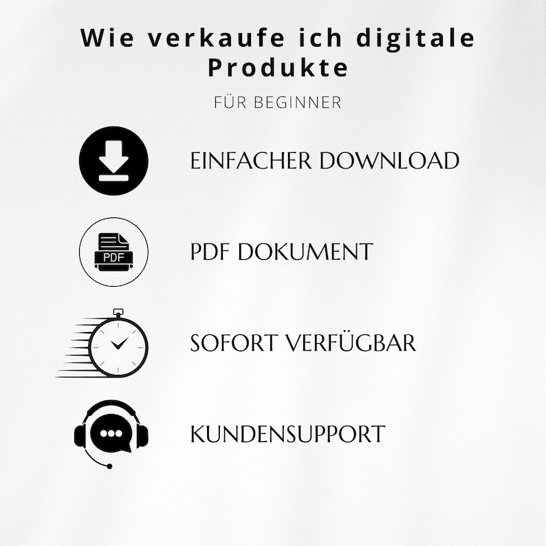 May include: White graphic with black text and icons. The text reads "Wie verkaufe ich digitale Produkte" and "F&Uuml;R BEGINNER". Icons include a download arrow, a PDF symbol, a stopwatch, and a headset.