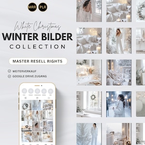 Könnte beinhalten: Eine Sammlung von weißen winterlichen Bildern für soziale Medien. Die Bilder zeigen eine Frau in einem weißen Outfit, einen weißen Weihnachtsbaum, eine weiße Küche und ein weißes Wohnzimmer. Der Text "White Christmas Winter Bilder Collection" befindet sich oben im Bild. Der Text "Master Resell Rights" befindet sich unterhalb der Bildersammlung. Der Text "Weiterverkauf" und "Google Drive Zugang" befinden sich unterhalb des Textes "Master Resell Rights".