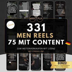 Könnte beinhalten: Eine bunte Grafik mit dem Text "331 Men Reels 75 mit Content" in schwarzer und goldener Schrift. Die Grafik ist von neun kleineren Bildern von Telefonbildschirmen umgeben, die jeweils einen anderen Textüberlagerung haben. Der Text auf den Telefonbildschirmen ist in deutscher Sprache. Die Grafik enthält auch eine deutsche Flagge in der unteren rechten Ecke.