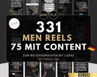 May include: A colorful graphic with the text "331 Men Reels 75 mit Content" in black and gold lettering. The graphic is surrounded by nine smaller images of phone screens, each with a different text overlay. The text on the phone screens is in German. The graphic also includes a German flag in the bottom right corner.