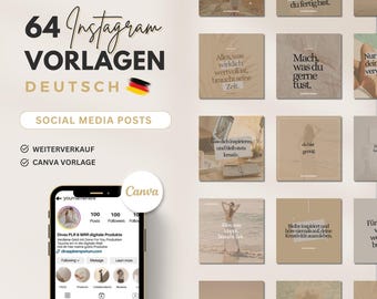 May include: A collection of 64 Instagram post templates in German. The templates feature a variety of colors and designs, including beige, brown, and white. The text on the templates is in German and includes phrases such as "Alles, was wirklich wertvoll ist, braucht seine Zeit." and "Gib nicht auf, wenn du müde bist. Höre auf, wenn du fertig bist."