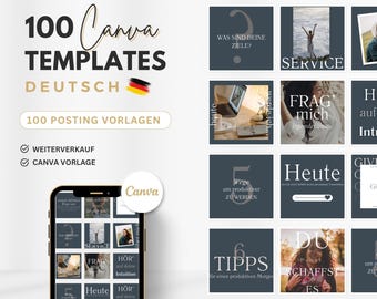 Könnte beinhalten: Eine Sammlung von 100 Canva-Vorlagen in Deutsch für Social-Media-Posts. Die Vorlagen bieten eine Vielzahl von Designs, darunter textbasierte Grafiken, Fotos und Illustrationen. Die Vorlagen sollen Unternehmen und Einzelpersonen dabei helfen, ansprechende und professionelle Social-Media-Inhalte zu erstellen.