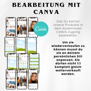 Puede incluir: Un fondo blanco con el texto "BEARBEITUNG MIT CANVA" en negro. Un c&iacute;rculo azul con el texto "MADE IN Canva" est&aacute; en la esquina superior derecha. Debajo del texto hay nueve im&aacute;genes de pantallas de tel&eacute;fonos inteligentes que muestran diferentes dise&ntilde;os. El texto debajo de las im&aacute;genes dice: "Das Du kannst unsere Produkte in dem kostenlosen CANVA Zugang bearbeiten. Um sie wiederverkaufen zu k&ouml;nnen musst du sie an deinem pers&ouml;nlichen Stil anpassen. Sie d&uuml;rfen nicht 1:1 komplett gleich weiterverkauft werden."