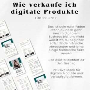 May include: Image of several white and teal documents with text in German, including "Wie verkaufe ich digitale Produkte" and "F&Uuml;R BEGINNER." The documents appear to be guides for selling digital products.