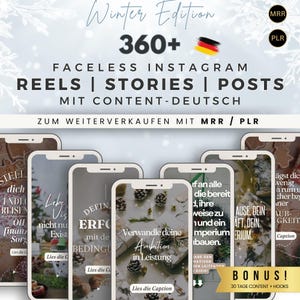 May include: A collage of eight phone screens with winter-themed graphics and text in German. The text includes phrases like "Define your success", "Transform your ambition into performance", and "Bonus! 30 days of content and hooks".
