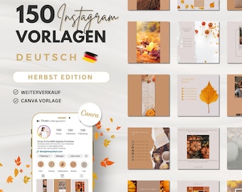 Instagram Autumn Templates German with PLR/MRR License, 150 Posts, Reels, Master Resell Digital Products, Done For You Canva Templates