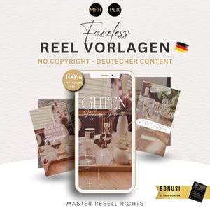 Könnte beinhalten: Ein digitales Produkt-Mockup mit einem weißen Telefon, auf dessen Bildschirm eine Reel-Vorlage für soziale Medien angezeigt wird. Die Vorlage hat einen hellbraunen Hintergrund mit dem Text "Guten Morgen" in Weiß. Das Telefon ist von anderen Reel-Vorlagen mit Text in Deutsch umgeben. Der Text "Master Resell Rights" befindet sich am unteren Rand des Bildes.