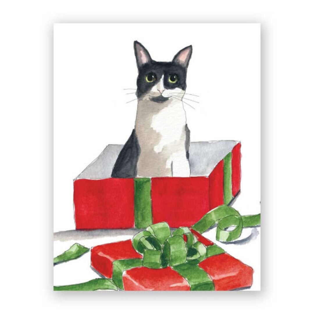 Set of 8 - Cat in Holiday Box Card - Etsy