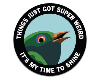 May include: A circular sticker with a green bird illustration and the text "THINGS JUST GOT SUPER WEIRD" and "IT'S MY TIME TO SHINE". The bird has an open beak, set against a light blue backdrop, within a black border.