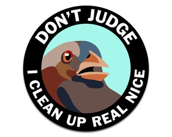 May include: A black and white circular sticker with the text "Don't Judge I Clean Up Real Nice" in white lettering around a cartoon bird with a blue head, brown body, and orange beak. The bird is looking to the right.