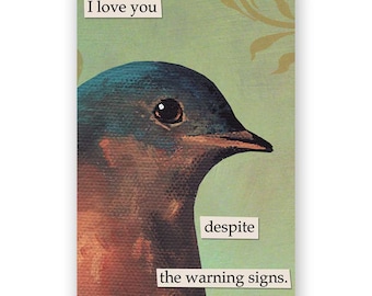May include: A greeting card featuring a blue and brown bird illustration. Text on the card reads "I love you despite the warning signs."
