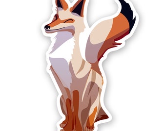 May include: A cartoon illustration of a fox sitting with its tail curled up behind it. The fox is orange and white with a black nose and black eyes. The fox is smiling.