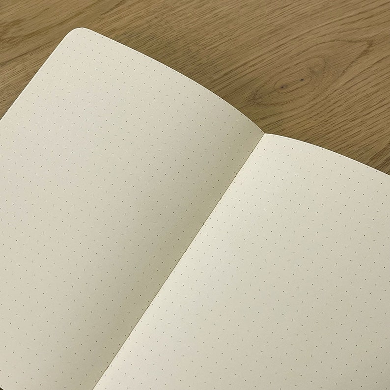 May include: An open notebook with white pages and a fine dot grid pattern. The notebook is lying flat on a wooden surface.