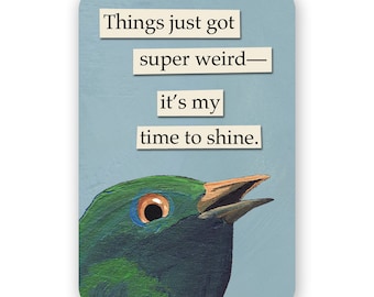May include: A blue and green bird with a large eye and an open beak. The bird is looking up and to the right. The text "Things just got super weird - it's my time to shine." is written in white on a light blue background.