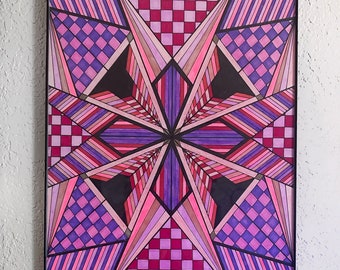 ORIGINAL KUNST Rosa und lila kariertes geometrisches gerahmtes Kunstwerk mit Marker auf Papier
