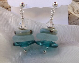 Oceans Discs Three ~ Luxe Aqua & Etched Artisan Lampwork Disc and Sterling Silver Earrings