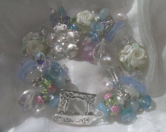 Daphne Spring Garden Aquamarine, Bridal Pastel Artisan Lampwork Gemstone Bracelet