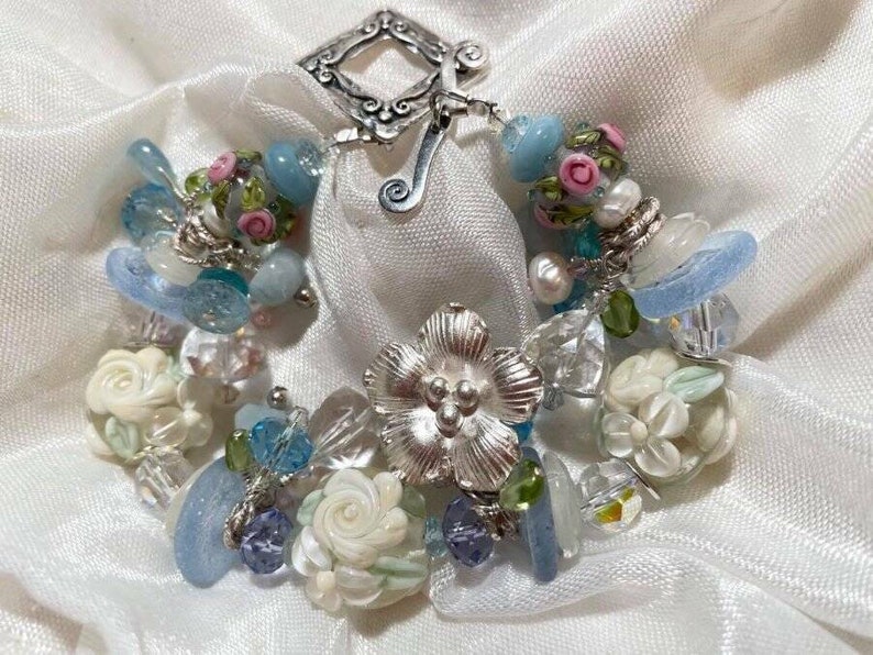 Daphne Spring Garden Aquamarine, Bridal Pastel Artisan Lampwork Gemstone Bracelet image 7