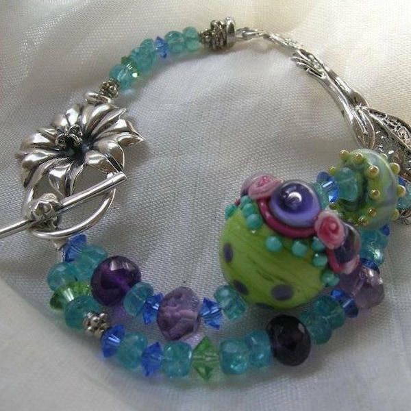 Leaping Frog Lilypad Handcrafted Lampwork, Apatite, Amethyst SS Bracelet