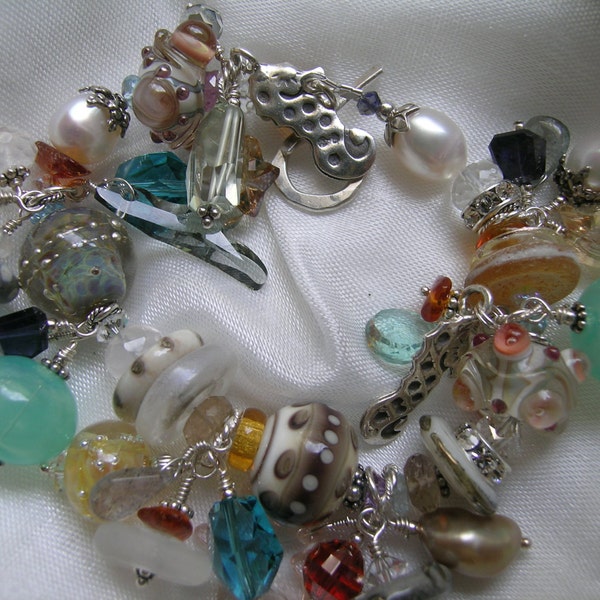 Nantucket Driftwood  Tideline Beach Glass Gemstone Taupe Golden and Silver Lampwork Gemstone Bracelet Earrings SET
