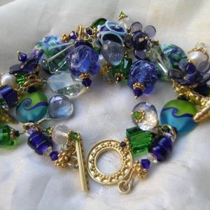 Oslo Harbor Green, Cobalt, Purple, Gemstone, Lampwork Vermeil Gold Charm Bracelet ON CLEARANCE SALE wAS 425 NOw 350 image 1