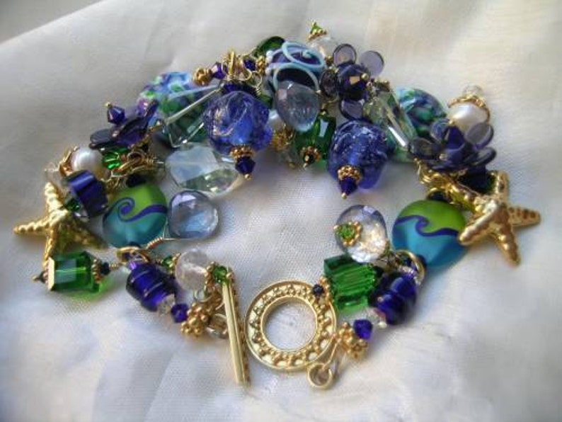 Oslo Harbor Green, Cobalt, Purple, Gemstone, Lampwork Vermeil Gold Charm Bracelet ON CLEARANCE SALE wAS 425 NOw 350 image 1