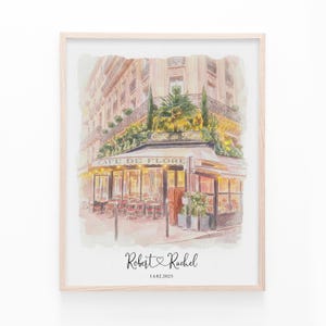 A personalized portrait venue print featuring your first date location and your photo as a couple. This custom watercolor artwork is a romantic keepsake and thoughtful gift for her or him, celebrating meaningful moments with soft colors and elegant watercolor texture.