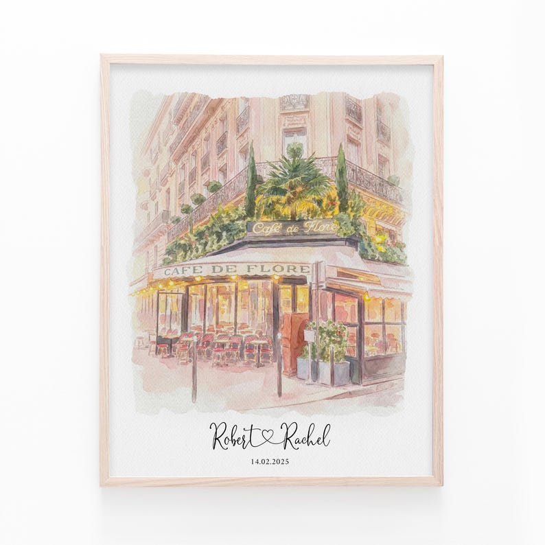 A personalized portrait venue print featuring your first date location and your photo as a couple. This custom watercolor artwork is a romantic keepsake and thoughtful gift for her or him, celebrating meaningful moments with soft colors and elegant watercolor texture.