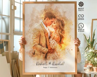 Retrato de pareja en acuarela, regalo de aniversario personalizado, decoración romántica de pared, recuerdo de boda, retrato en acuarela, retrato personalizado