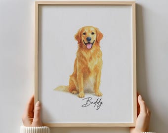 May include: A framed watercolor print of a Golden Retriever dog. The dog is depicted in a sitting position with its tongue out. The dog's name, "Buddy", is written in cursive below the dog. The frame is made of light-colored wood.