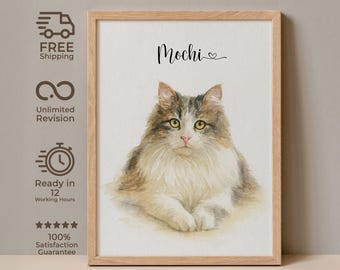 May include: A framed watercolor portrait of a fluffy cat, with brown, white, and gray fur, and yellow eyes. The cat's name, "Mochi," is written above. The frame is made of light-colored wood.